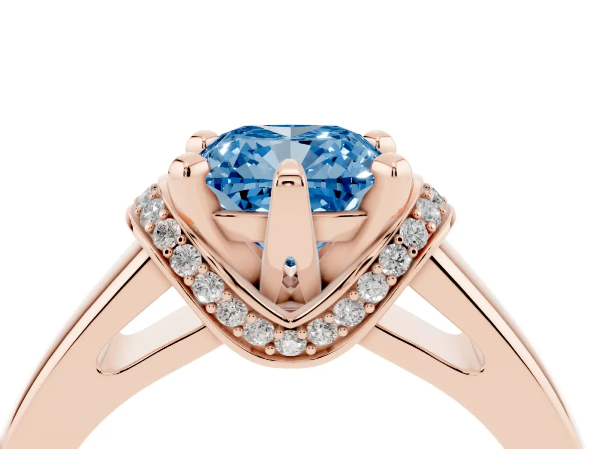 Fancy Blue Cushion Cut Solitaire Diamond Ring with Pave Band and Six-Prong Setting Rose gold