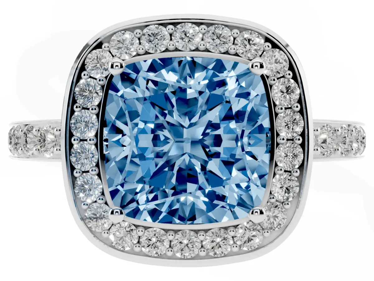 Fancy Blue Cushion Cut Diamond Halo Ring with Bezel Frame and Pavé Band Silver