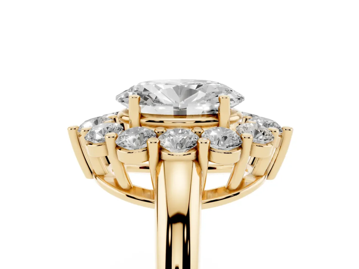 Oval Cut Halo Cluster Diamond Engagement Ring with Prong Setting and Polished Band Yellow gold