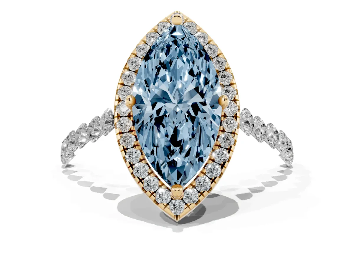 Fancy Blue Marquise Cut Halo Pavé Diamond Engagement Ring with Four-Prong Setting Yellow gold