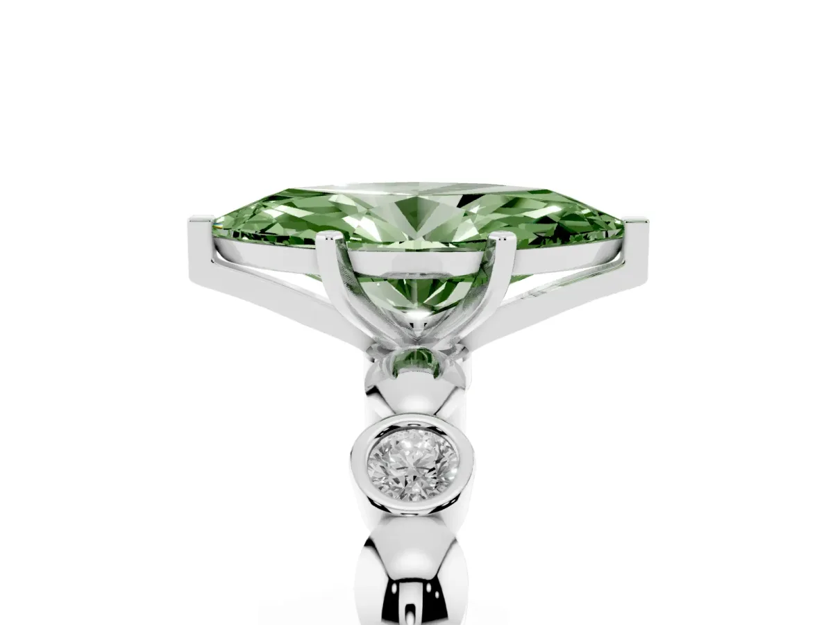 Fancy Green Marquise Cut Solitaire Bezel-Set Diamond Ring with Beaded Band and Four-Prong Setting Platinum