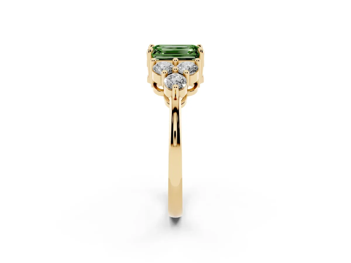 Fancy Green Emerald Cut Brilliant Diamond Cluster Accent Solitaire Ring with Prong Setting Yellow gold