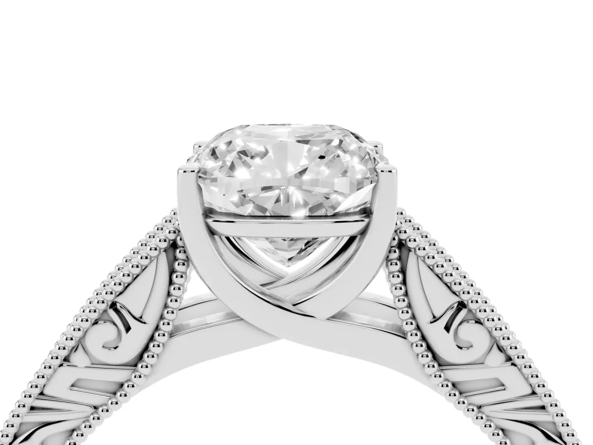 Cushion Cut Diamond Solitaire Ring with Engraved Band and Four-Prong Setting Silver
