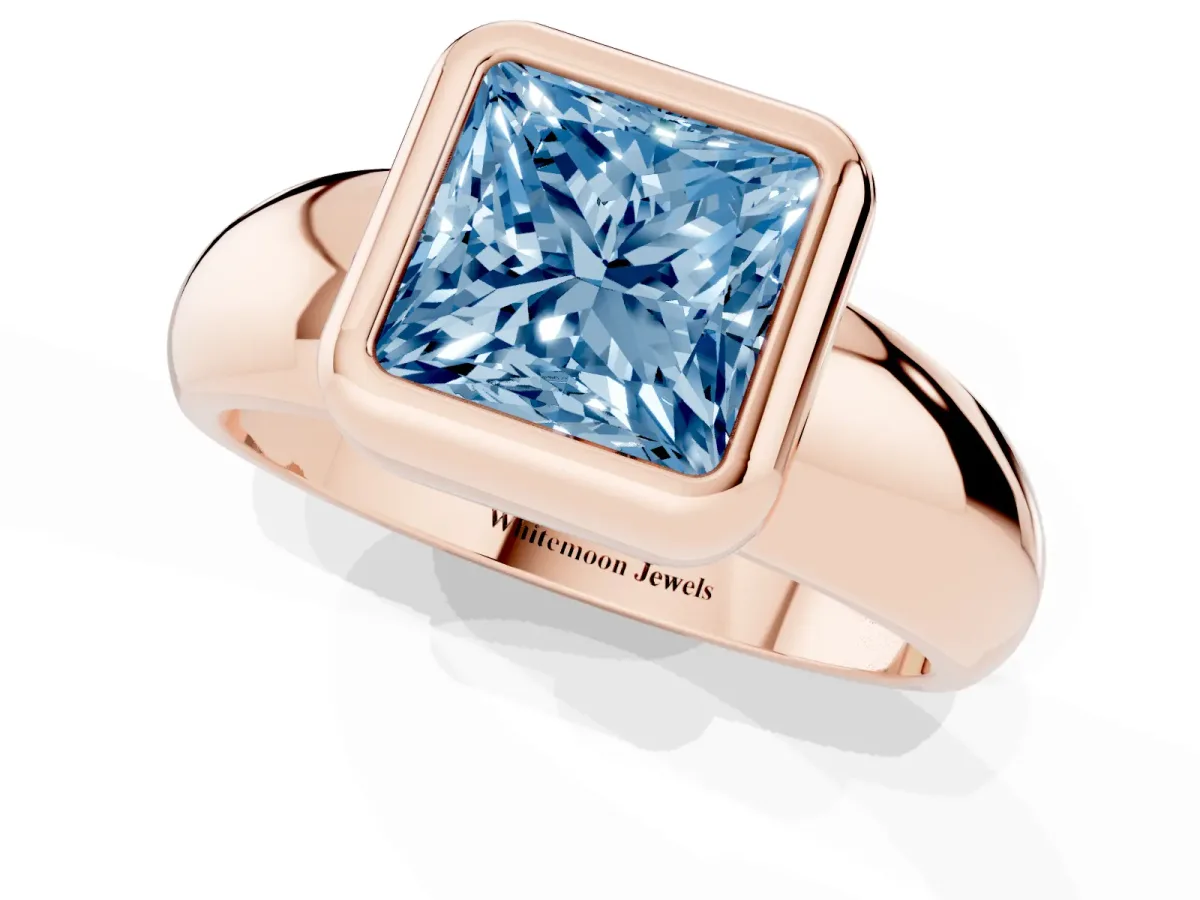 Fancy Blue Bezel Set Princess Cut Solitaire Ring with Wide Band Rose gold
