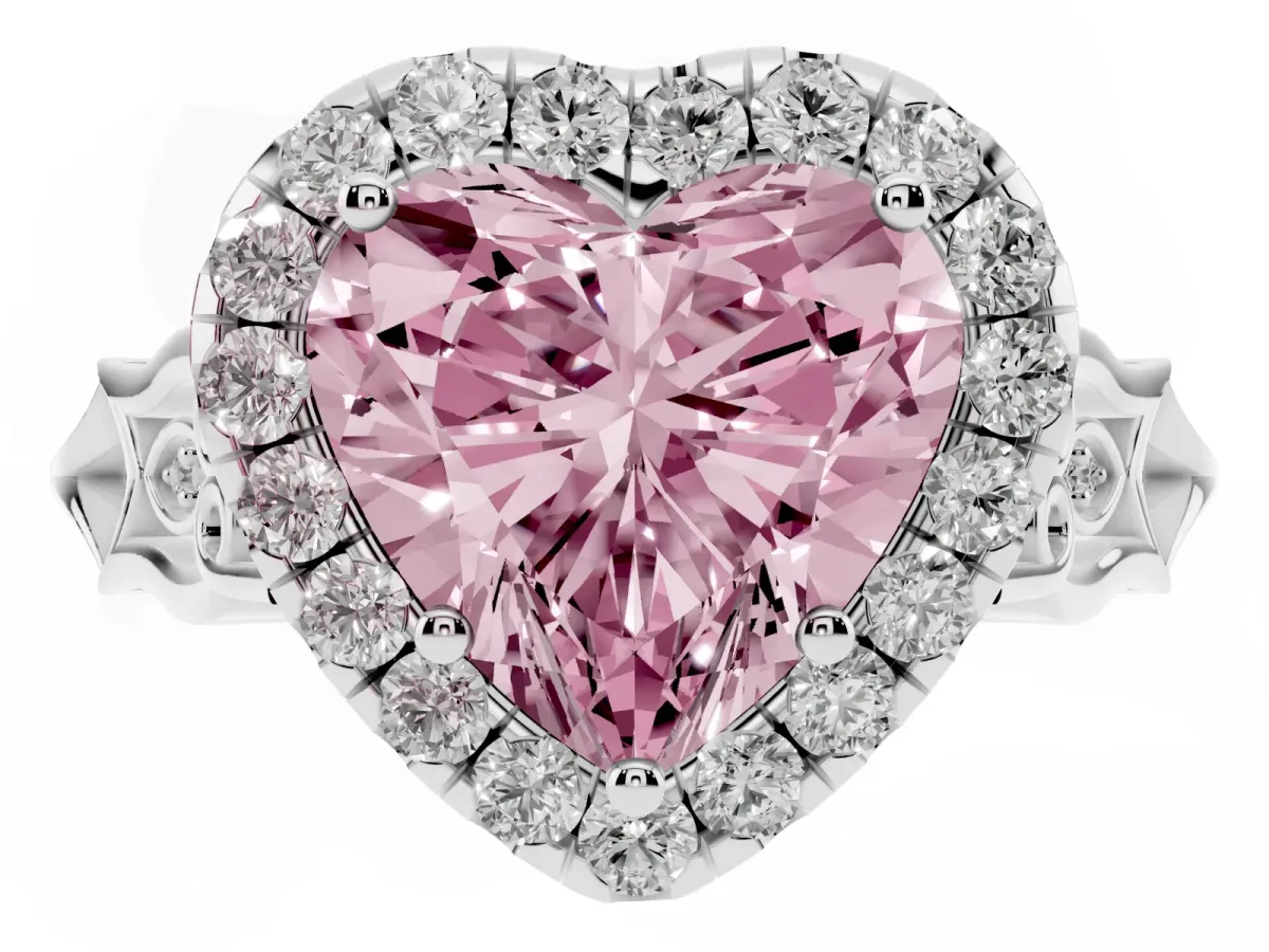 Fancy Pink Heart Cut Halo Diamond Engagement Ring with Filigree Band and Four-Prong Setting Platinum