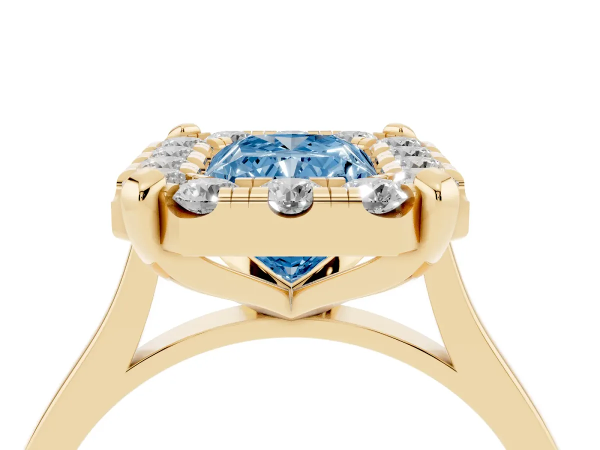 Fancy Blue Radiant Cut Diamond Cluster Halo Solitaire with Four-Prong Setting Yellow gold