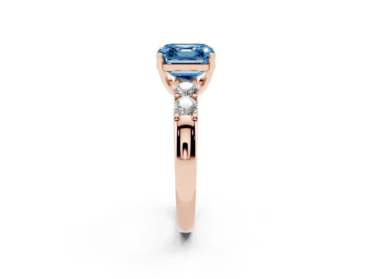 Fancy Blue Asscher Cut Brilliant Cut Diamond Five-Stone Prong Set Engagement Ring with Channel Band Rose gold