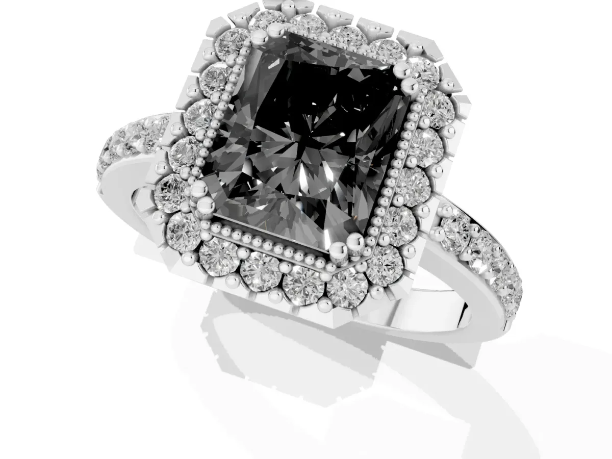 Fancy Black Radiant Cut Diamond Halo Ring with Pavé Band and Prong Setting Platinum