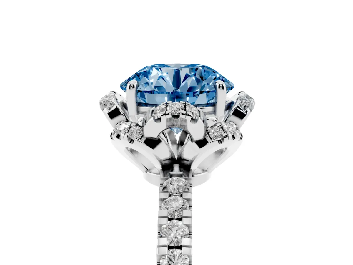 Fancy Blue Round Cut Halo Diamond Pave Band Ring with Four-Prong Setting Silver