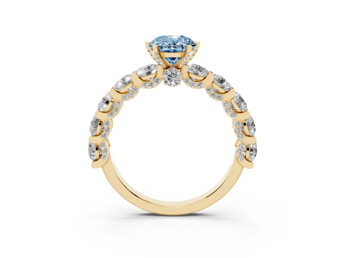 Fancy Blue Oval Cut Diamond Side Stone Engagement Ring with Four-Prong Setting Yellow gold