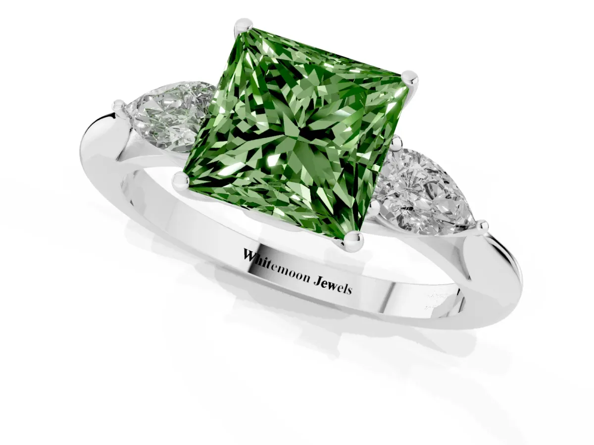 Fancy Green Princess Cut Diamond Three-Stone Ring with Pear Side Stones and Prong Setting Silver