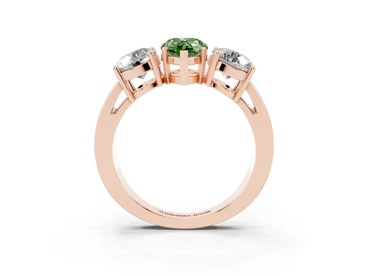 Fancy Green Three-Stone Pear Cut Diamond Ring with Round Side Stones, Classic Band, and Four-Prong Setting Rose gold