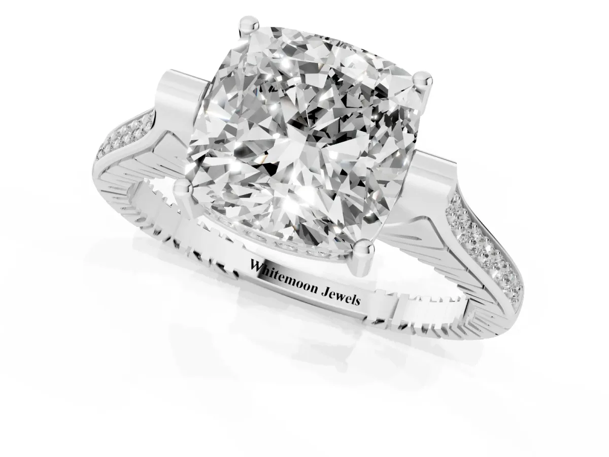 Cushion Cut Solitaire Diamond Ring with Channel Set Band and Bezel Prong Setting Silver