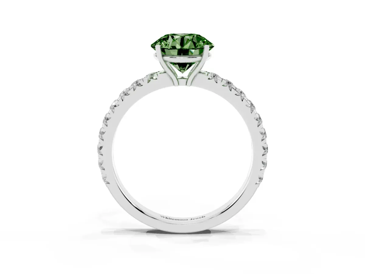 Fancy Green Round Cut Diamond Pavé Solitaire Engagement Ring with Four-Prong Setting Silver