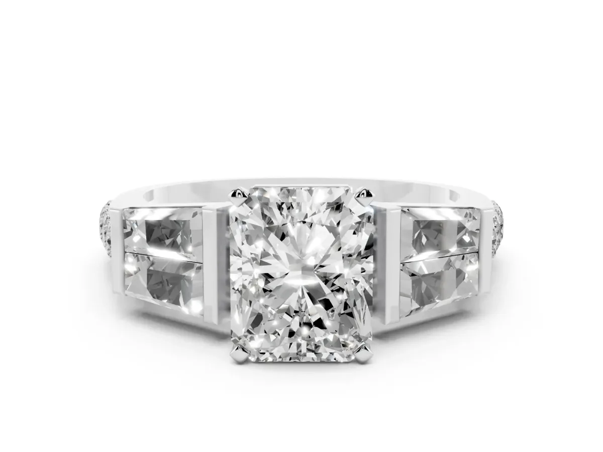 Radiant Cut Diamond Engagement Ring with Baguette Side Stones and Channel Set Band White gold