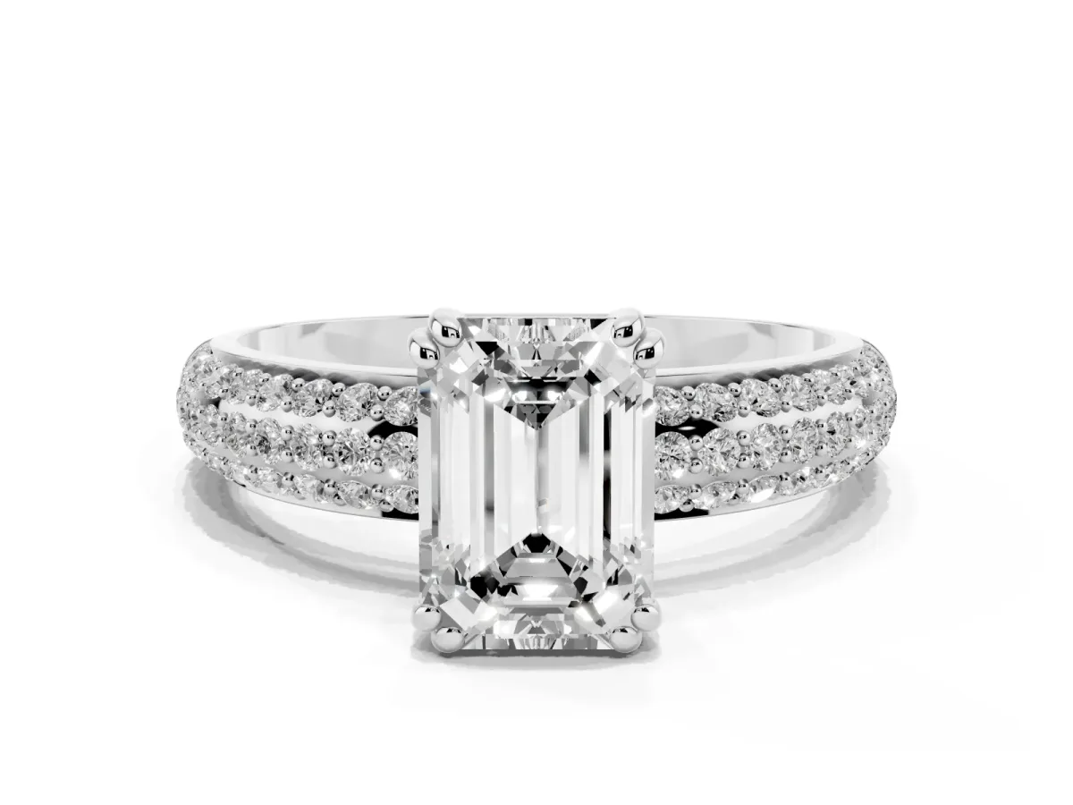 Emerald Cut Diamond Solitaire Ring with Multi-Row Round Pavé Band and Prong Setting Silver