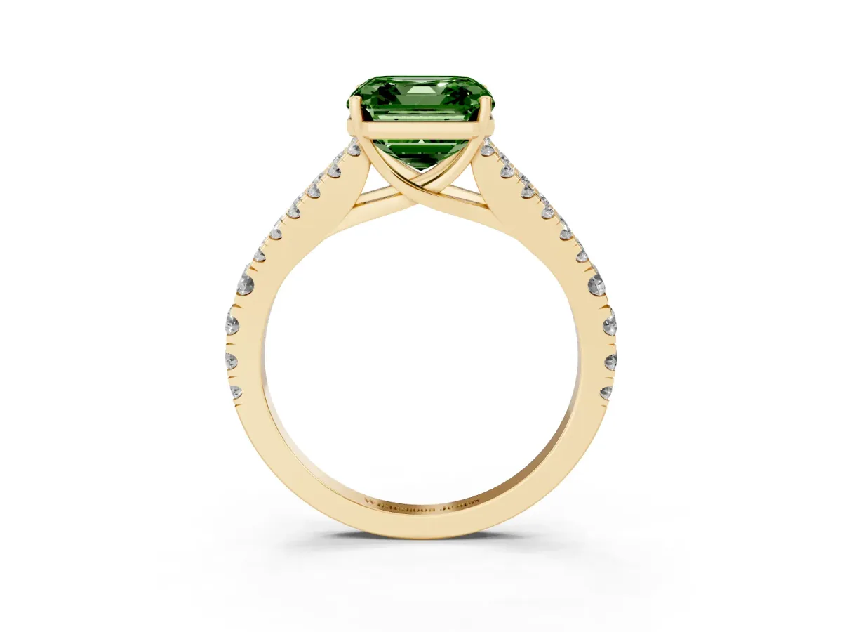Fancy Green Asscher Cut Diamond Split Shank Engagement Ring with Round Pavé and Prong Setting Yellow gold
