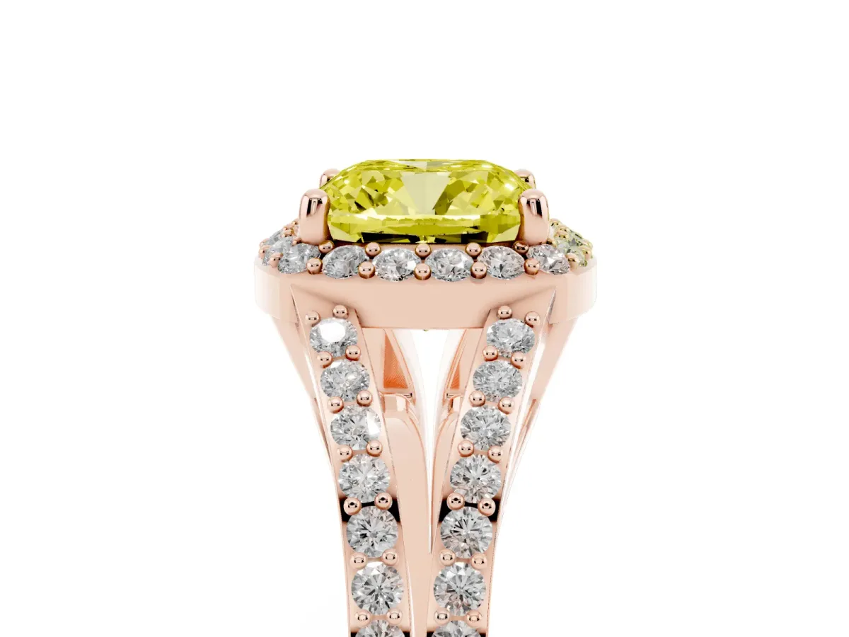 Fancy Yellow Cushion Cut Halo Split Shank Diamond Ring with Prong Setting Rose gold