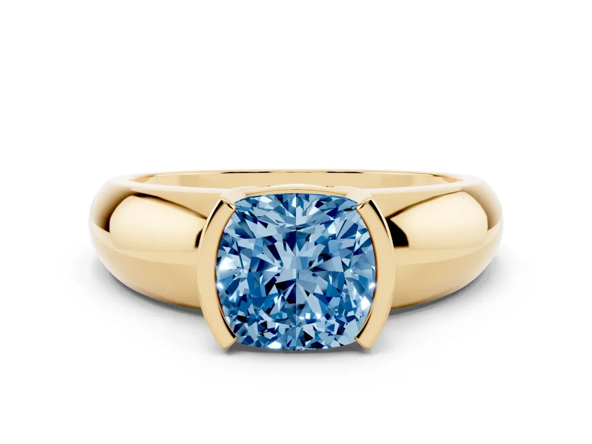Fancy Blue Cushion Cut Solitaire Tension Set Diamond Ring with Wide Band Yellow gold