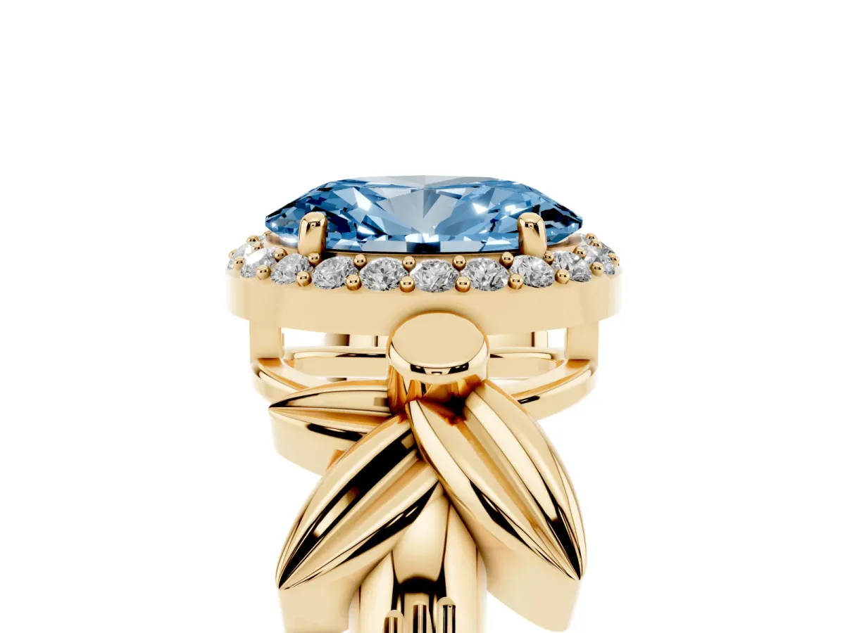 Fancy Blue Oval Cut Halo Diamond Floral Band with Four-Prong Setting Yellow gold