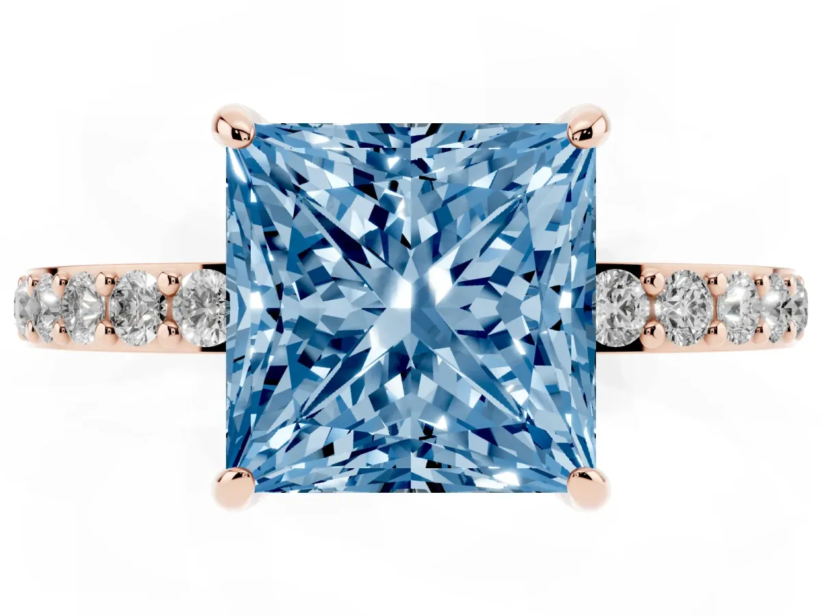 Fancy Blue Princess Cut Diamond Pavé Engagement Ring with Round Accents and Prong Setting Rose gold