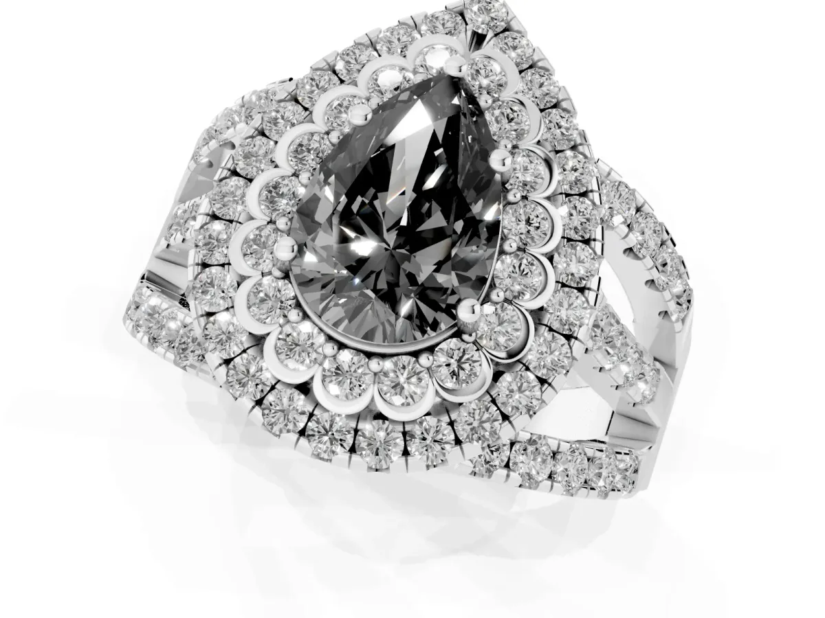 Fancy Black Pear Cut Diamond Double Halo Ring with Round Pavé Split Shank and Prong Setting Silver