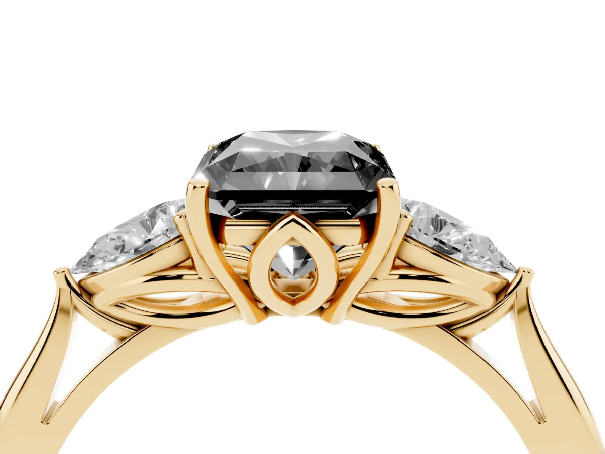 Fancy Black Radiant Cut Diamond Three-Stone Ring with Pear Side Stones and Prong Setting Yellow gold