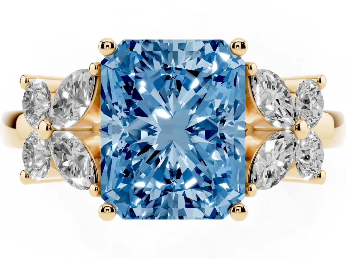 Fancy Blue Radiant Cut Diamond Floral Cluster Ring with Solitaire Band and Prong Setting Yellow gold