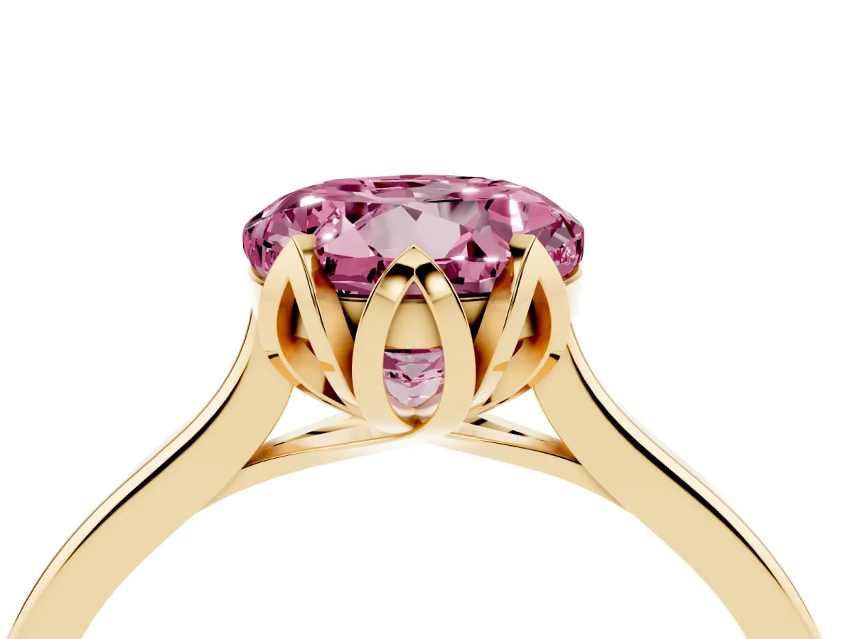 Fancy Pink Round Cut Diamond Solitaire Ring with Flower Prong Setting and Classic Band Yellow gold