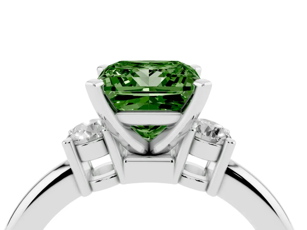 Fancy Green Three-Stone Princess Cut Cut Diamond Solitaire with Prong Setting and Classic Band Silver