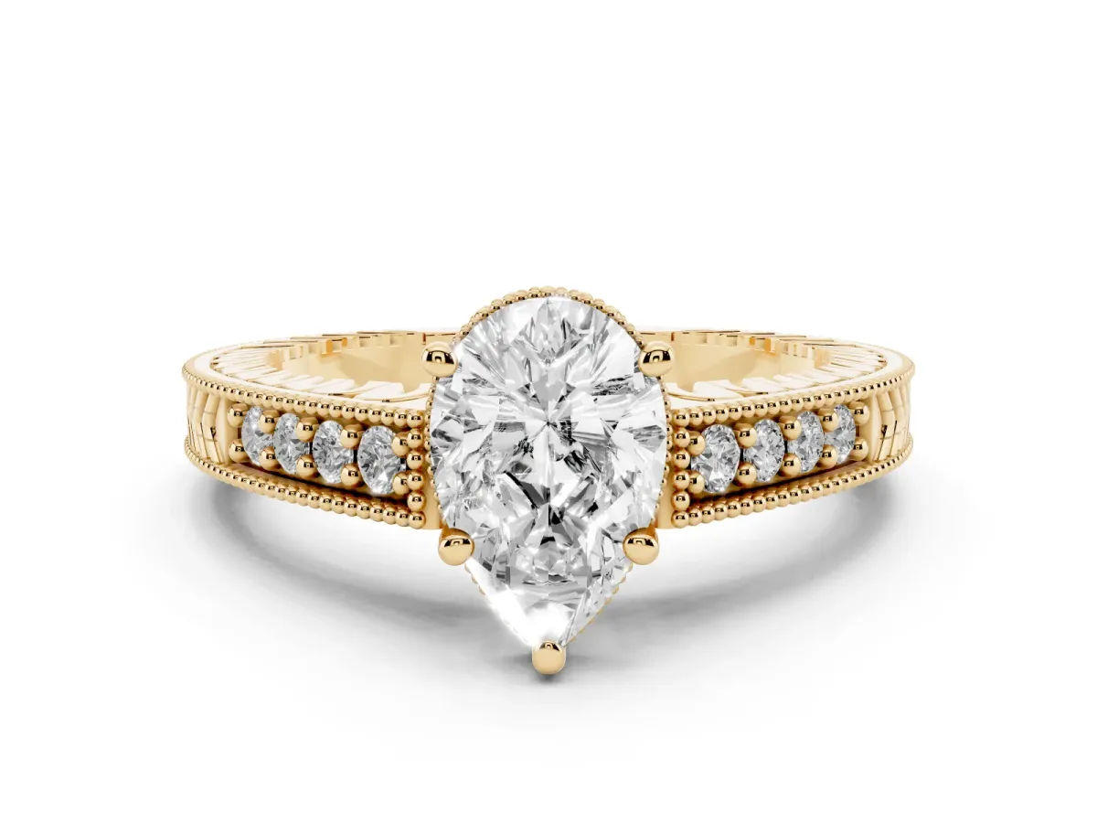 Pear Cut Solitaire Pavé Diamond Milgrain Engagement Ring with Four-Prong Setting Yellow gold