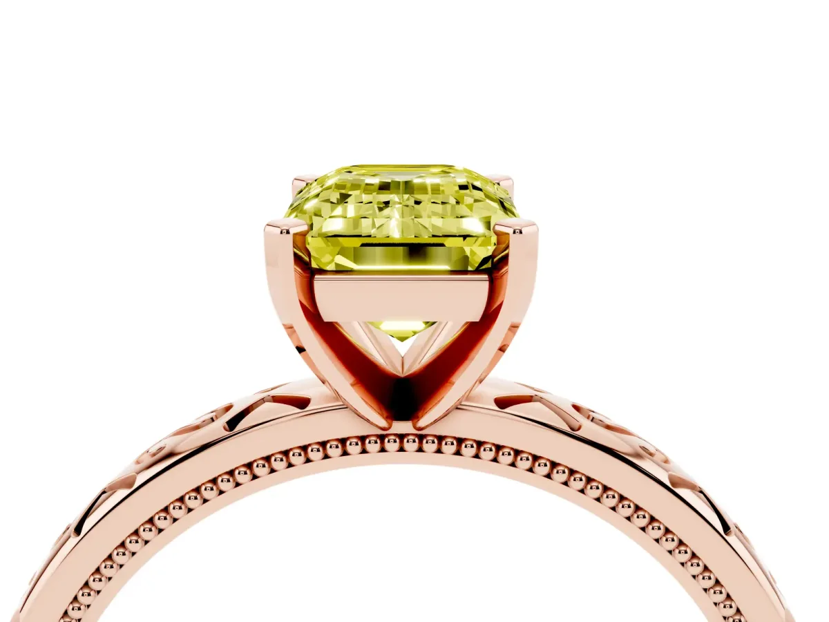 Fancy Yellow Emerald Cut Solitaire Engagement Ring with Scrollwork Band and Four-Prong Setting Rose gold