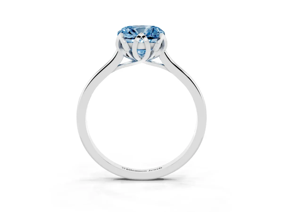 Fancy Blue Cushion Cut Diamond Solitaire Ring with Flower Prong Setting and Classic Band Silver
