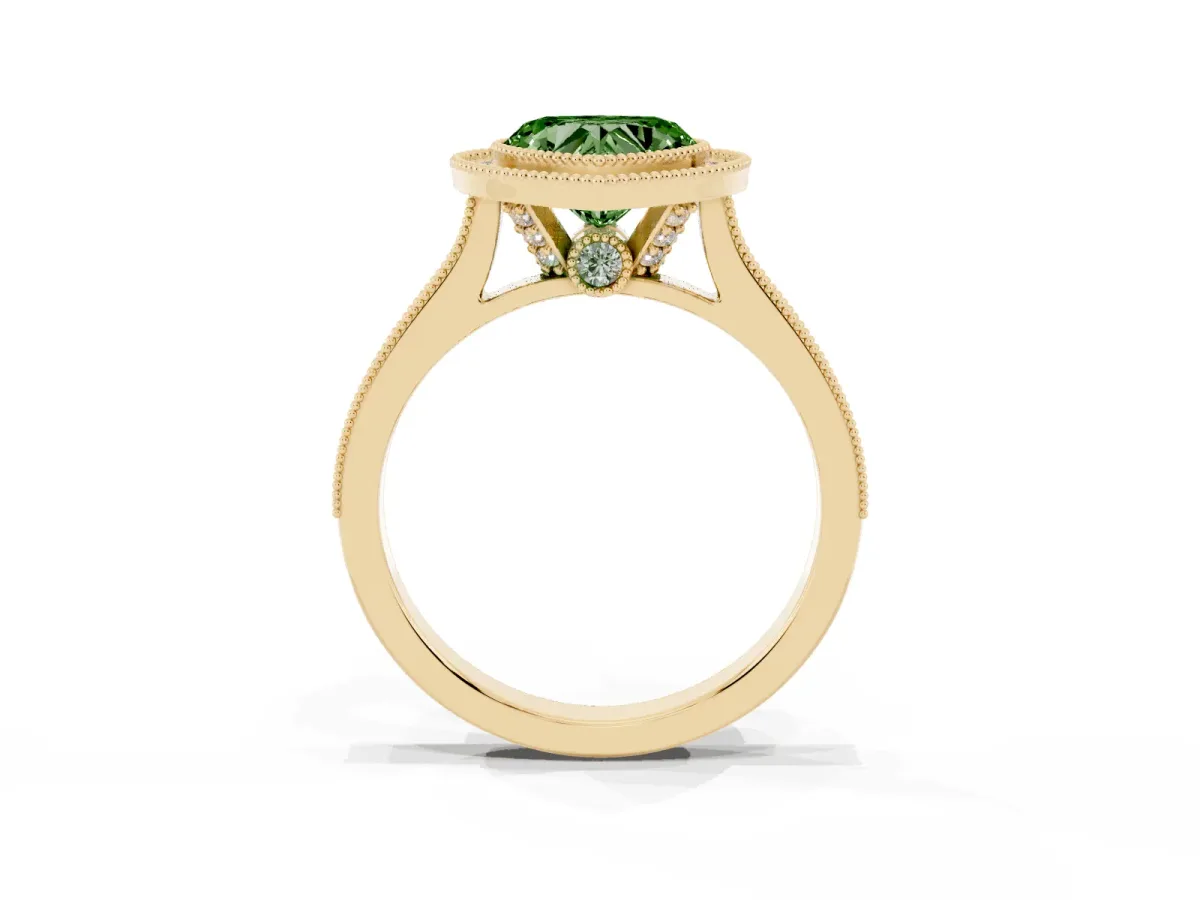 Fancy Green Halo Heart Cut-Cut Diamond Pave Band Milgrain Prong Setting Ring Yellow gold