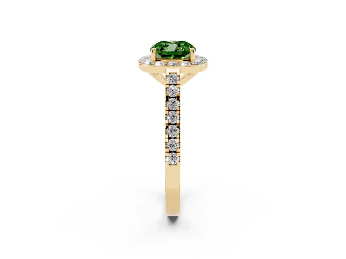 Fancy Green Cushion Cut Diamond Halo Ring with Round Pavé Split Shank and Prong Setting Yellow gold