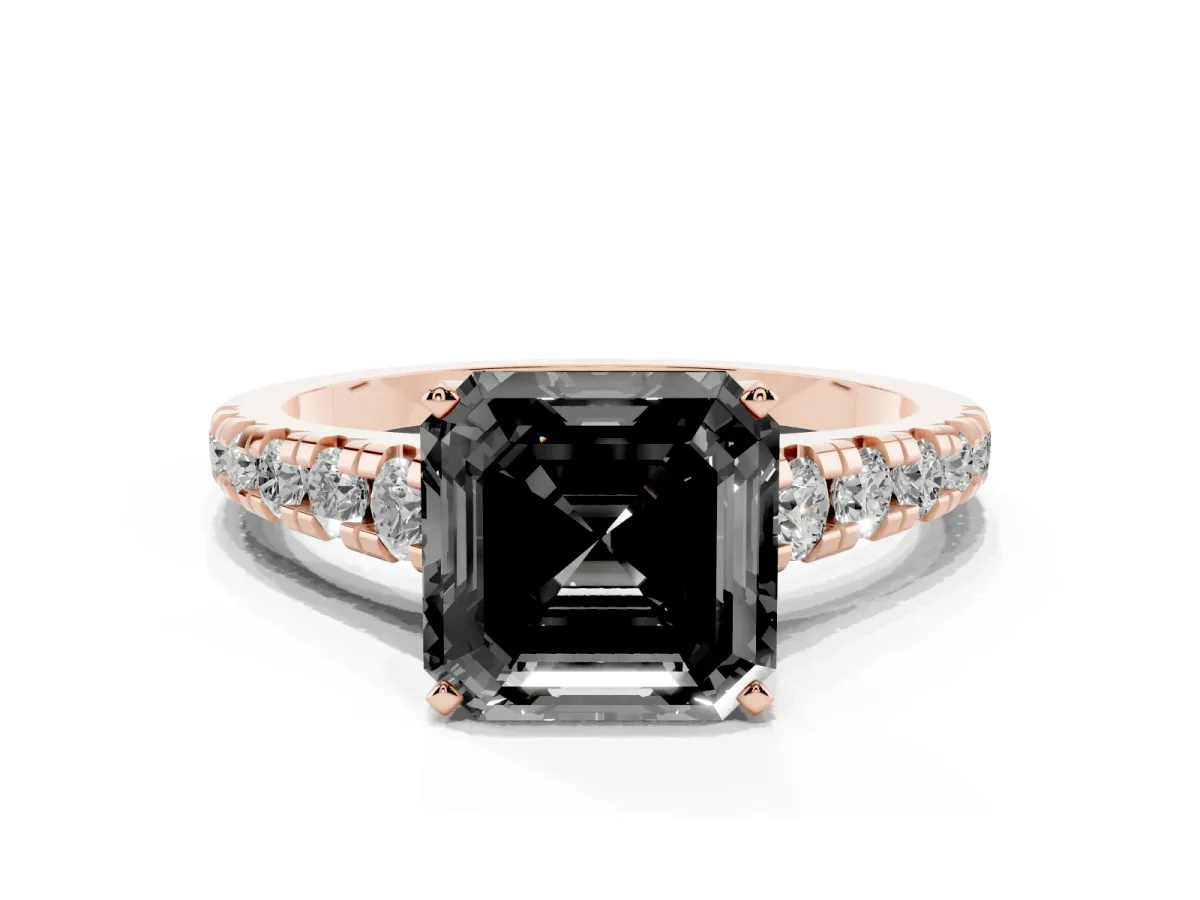 Fancy Black Asscher Cut Diamond Cathedral Solitaire Ring with Round Pavé Band Rose gold