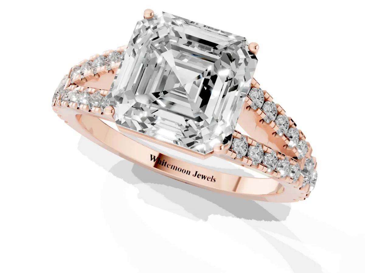 Asscher Cut Diamond Split Shank Pavé Engagement Ring with Four-Prong Setting Rose gold