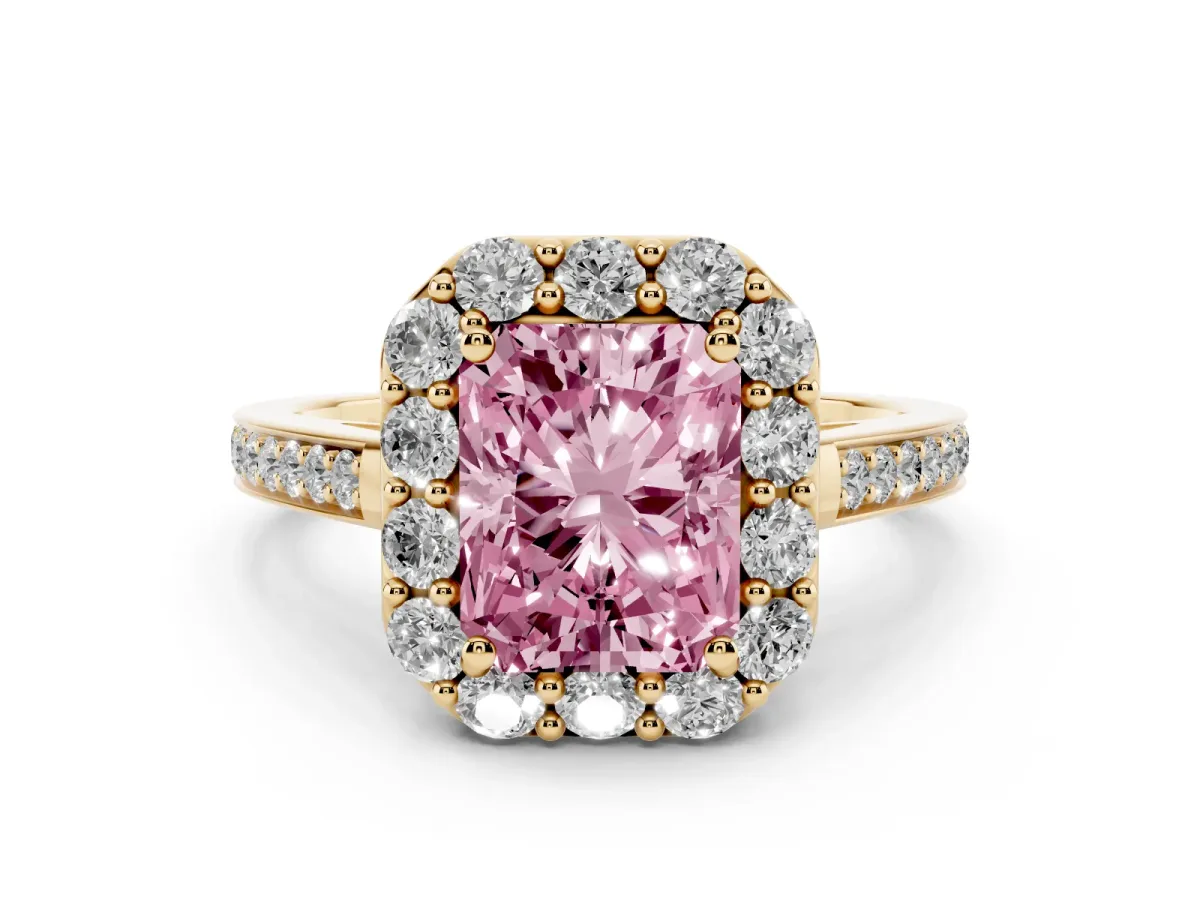 Fancy Pink Radiant Cut Diamond Floral Halo Ring with Pavé Band and Prong Setting Yellow gold