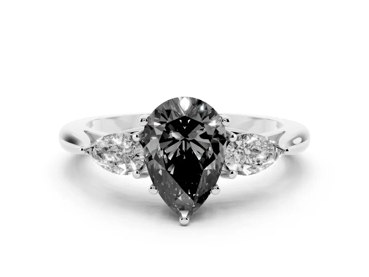 Fancy Black Three-Stone Pear Cut Brilliant Diamond Solitaire Ring with Tapered Band and Four-Prong Setting Platinum