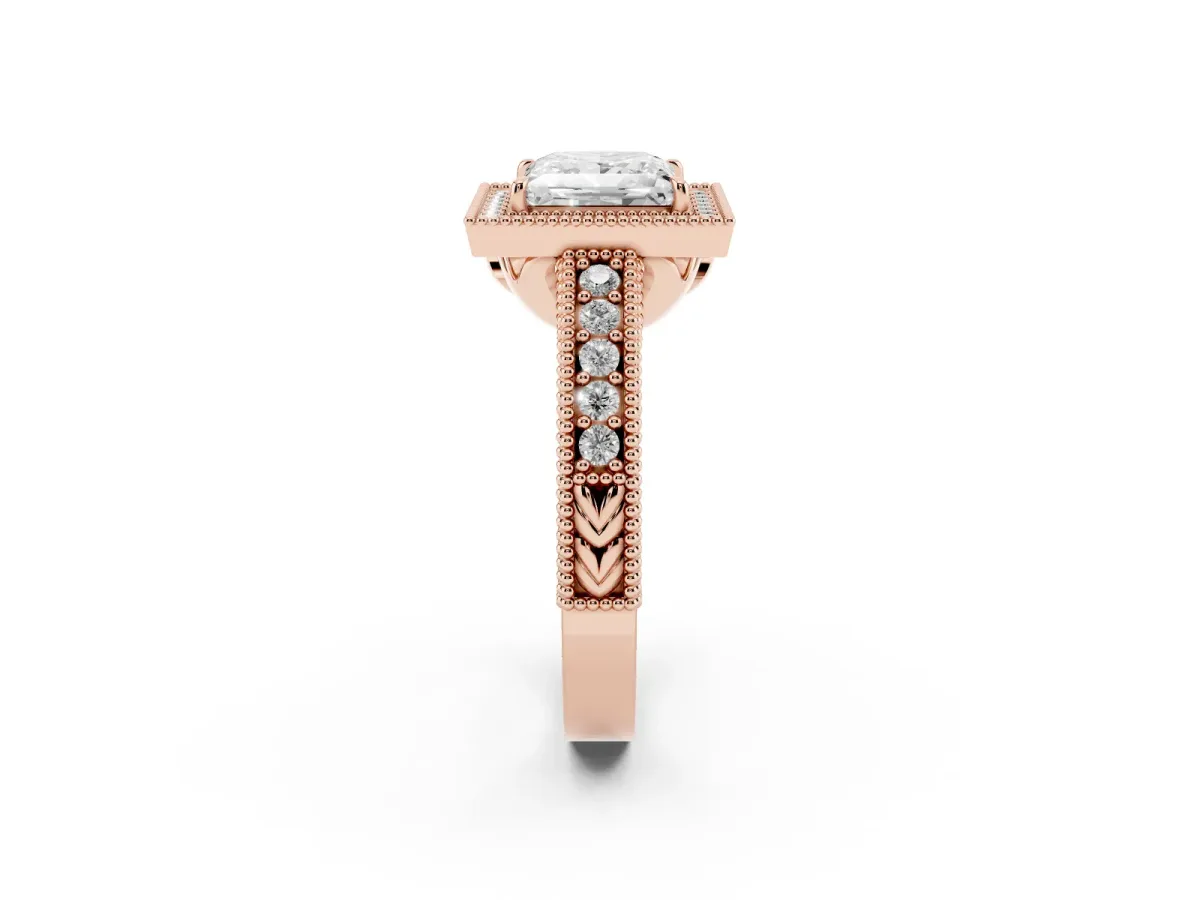 Princess Cut Cut Halo Diamond Ring with Pavé Band and Four-Prong Setting Rose gold