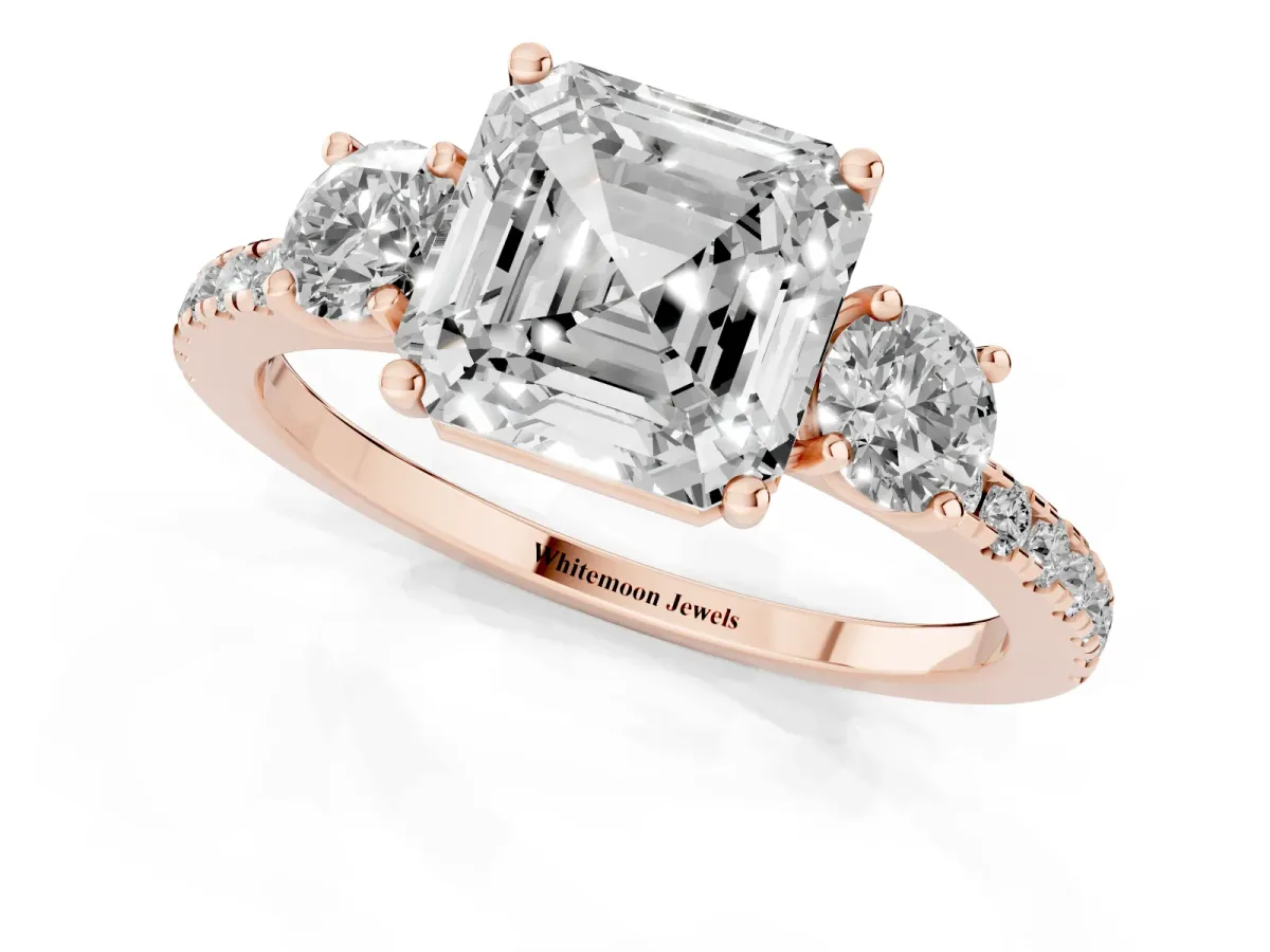 Three-Stone Asscher Cut Cut Diamond Pavé Band with Prong Setting Rose gold