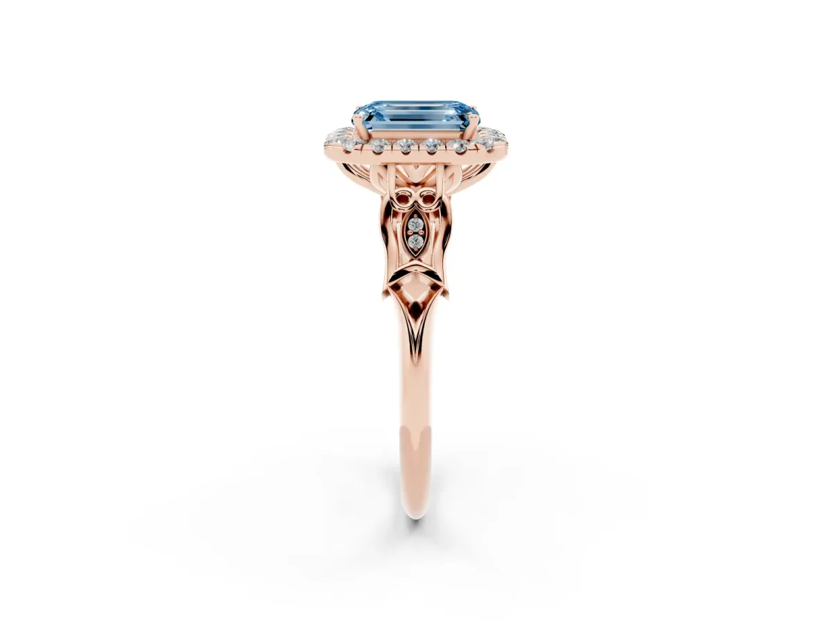 Fancy Blue Emerald Cut Halo Diamond Engagement Ring with Filigree Band and Four-Prong Setting Rose gold