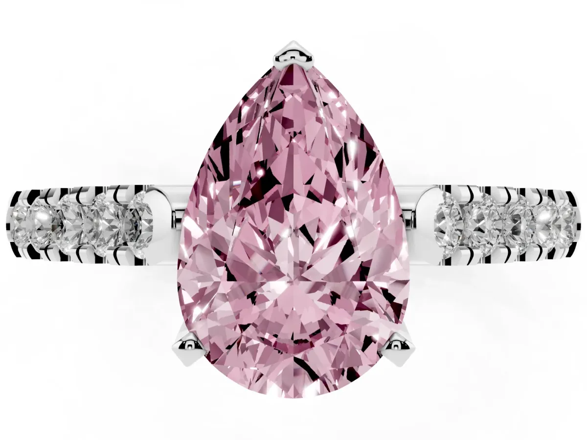 Fancy Pink Pear Cut Diamond Pavé Band Solitaire Ring with Prong Setting Silver