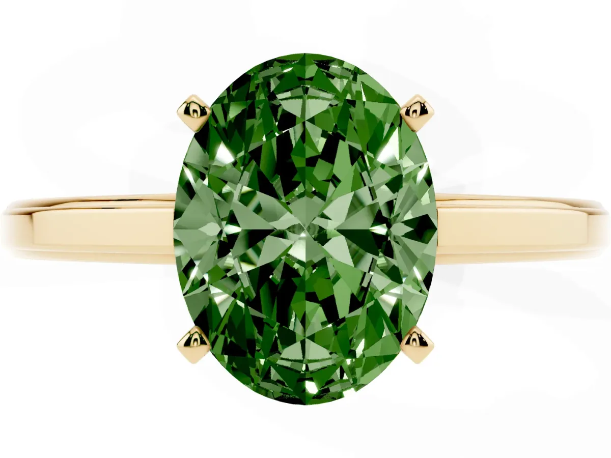 Fancy Green Oval Cut Solitaire Diamond Ring with Four-Prong Setting and Classic Band Yellow gold
