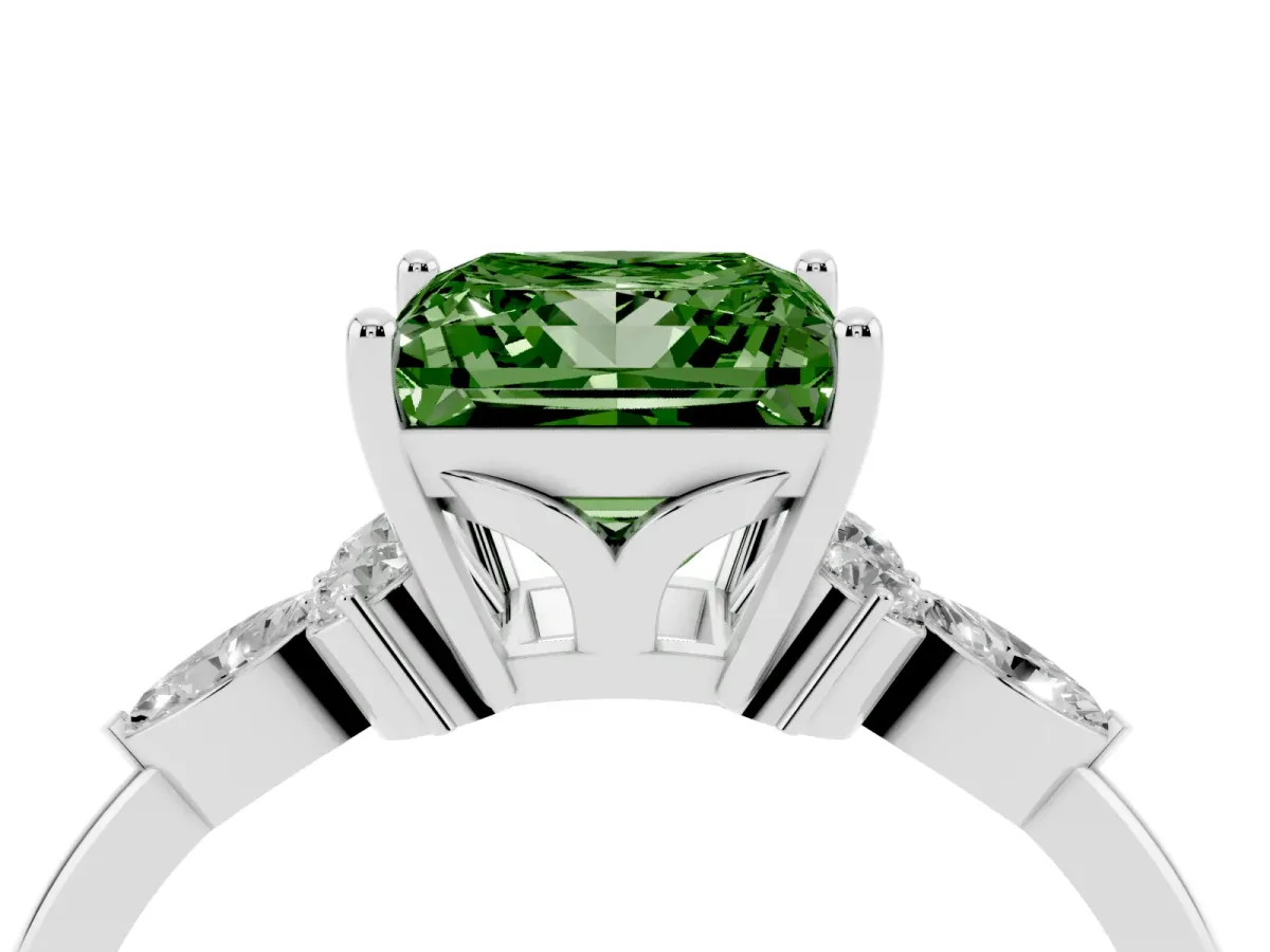 Fancy Green Princess Cut Brilliant Diamond Solitaire Ring with Pear Side Stones and Four-Prong Setting Silver