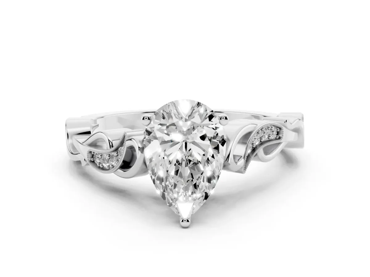 Pear Cut Solitaire Vine Band with Milgrain Prong Setting Silver