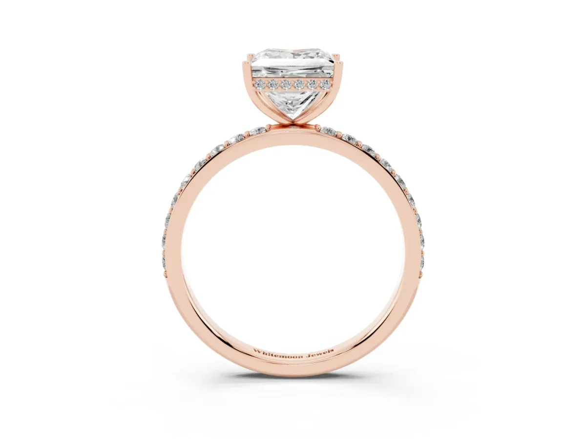 Princess Cut Diamond Solitaire Ring with Pavé Band and Hidden Halo Rose gold