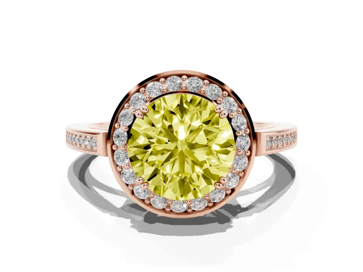 Fancy Yellow Round Cut Diamond Halo Ring with Split Shank and Four-Prong Setting Rose gold