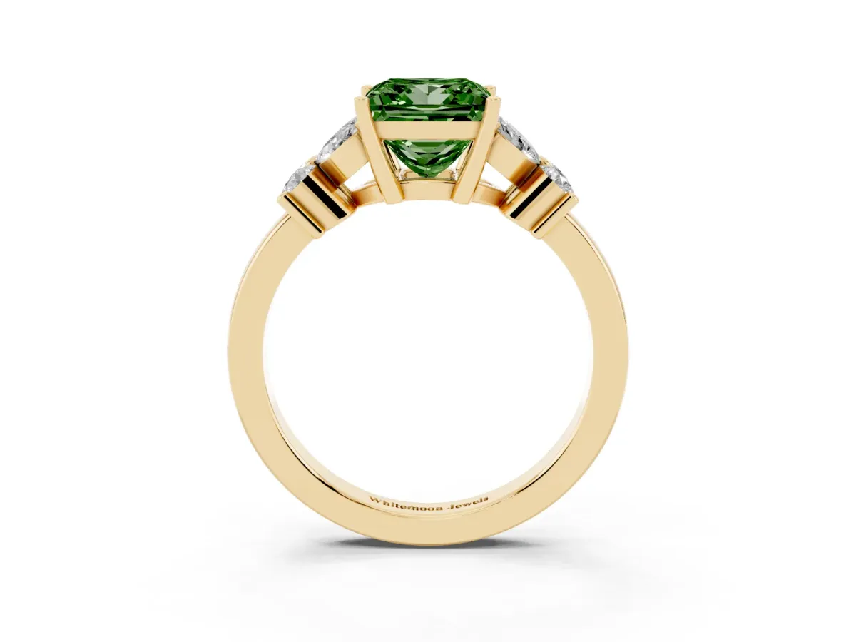 Fancy Green Princess Cut Diamond Floral Cluster Ring with Solitaire Band and Prong Setting Yellow gold