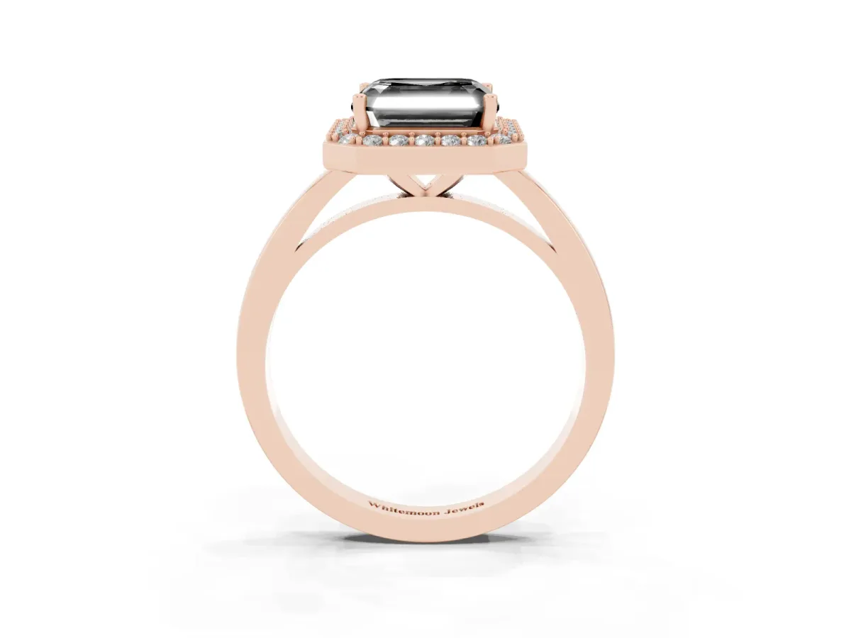 Fancy Black Asscher Cut Halo Diamond Ring with Solitaire Band and Prong Setting Rose gold